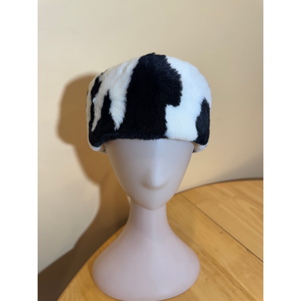 Womens Faux Fur Cow Print Headband Adjustable Black White Ear Warmer Winter Hat